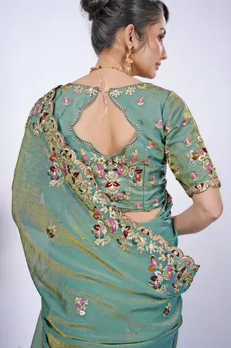 Floral firozi resham zari embroidery with glass sequins shimmer saree with unstitched blouse