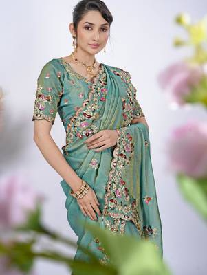 Floral firozi resham zari embroidery with glass sequins shimmer saree with unstitched blouse 4