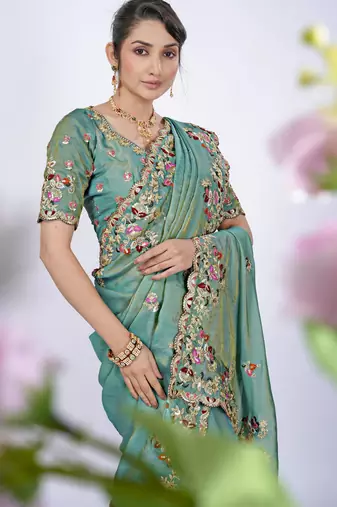 Floral firozi resham zari embroidery with glass sequins shimmer saree with unstitched blouse