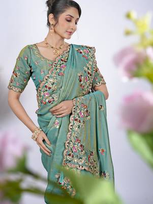 Floral firozi resham zari embroidery with glass sequins shimmer saree with unstitched blouse 5