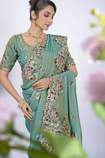 Floral firozi resham zari embroidery with glass sequins shimmer saree with unstitched blouse