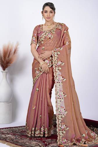 Embellished light peach resham zari embroidery with glass sequins shimmer saree with unstitched blouse
