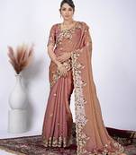 Embellished light peach resham zari embroidery with glass sequins shimmer saree with unstitched blouse