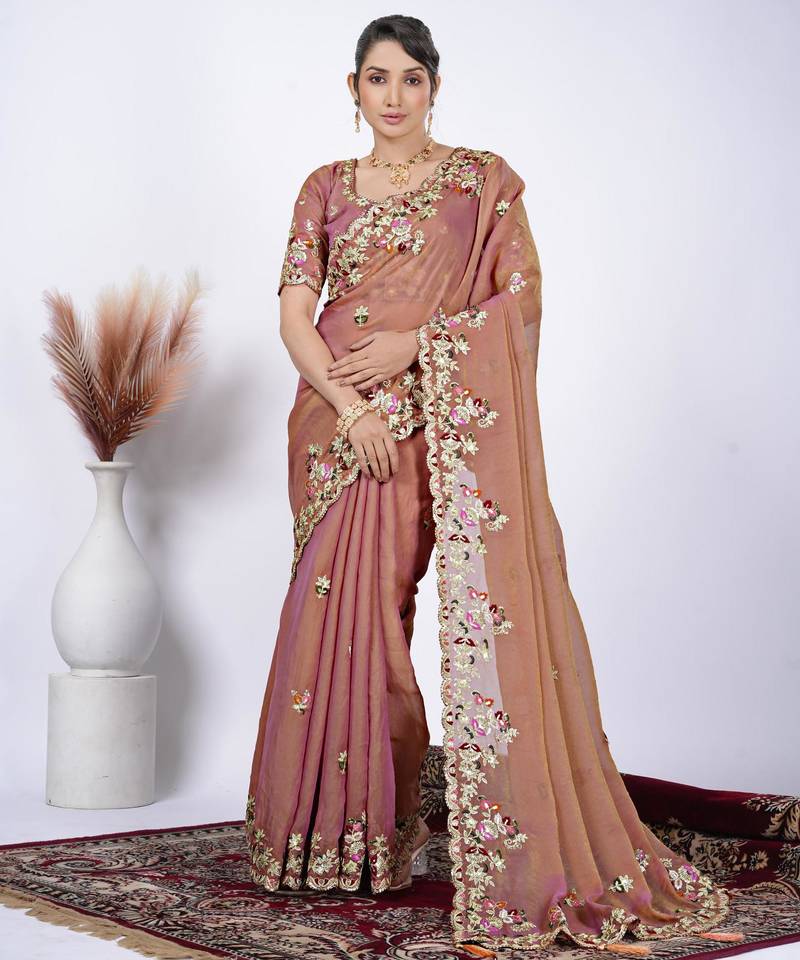 Embellished light peach resham zari embroidery with glass sequins shimmer saree with unstitched blouse
