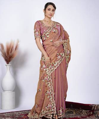 Embellished light peach resham zari embroidery with glass sequins shimmer saree with unstitched blouse 2