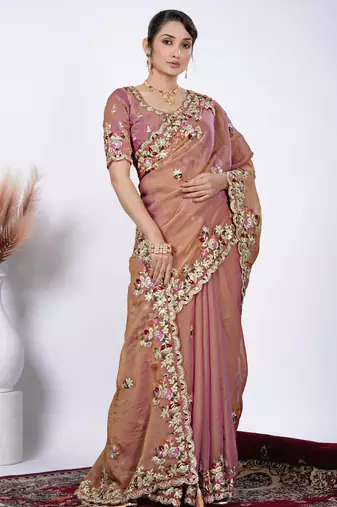 Embellished light peach resham zari embroidery with glass sequins shimmer saree with unstitched blouse