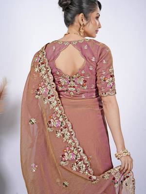 Embellished light peach resham zari embroidery with glass sequins shimmer saree with unstitched blouse 3
