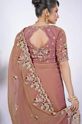 Embellished light peach resham zari embroidery with glass sequins shimmer saree with unstitched blouse