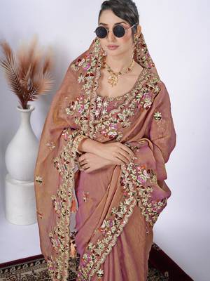 Embellished light peach resham zari embroidery with glass sequins shimmer saree with unstitched blouse 4