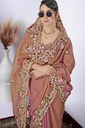 Embellished light peach resham zari embroidery with glass sequins shimmer saree with unstitched blouse