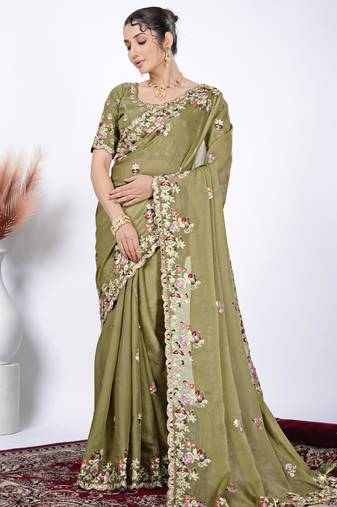 Ethnic mahendi resham zari embroidery with glass sequins shimmer saree with unstitched blouse