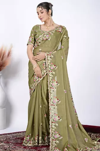 Ethnic mahendi resham zari embroidery with glass sequins shimmer saree with unstitched blouse