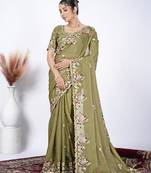 Ethnic mahendi resham zari embroidery with glass sequins shimmer saree with unstitched blouse