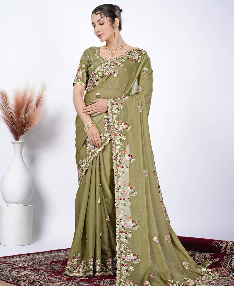 Ethnic mahendi resham zari embroidery with glass sequins shimmer saree with unstitched blouse