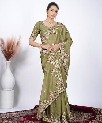 Ethnic mahendi resham zari embroidery with glass sequins shimmer saree with unstitched blouse 2