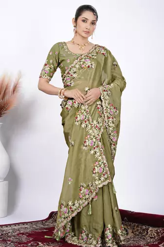 Ethnic mahendi resham zari embroidery with glass sequins shimmer saree with unstitched blouse