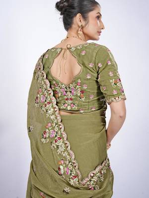 Ethnic mahendi resham zari embroidery with glass sequins shimmer saree with unstitched blouse 3