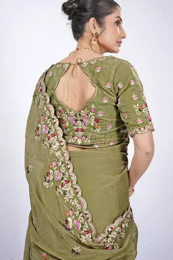 Ethnic mahendi resham zari embroidery with glass sequins shimmer saree with unstitched blouse