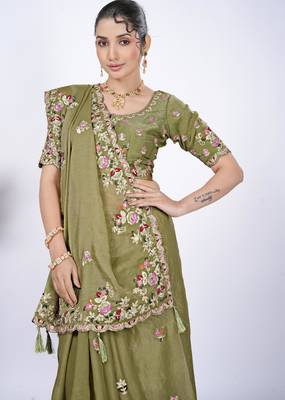 Ethnic mahendi resham zari embroidery with glass sequins shimmer saree with unstitched blouse 4