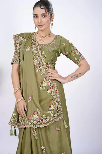 Ethnic mahendi resham zari embroidery with glass sequins shimmer saree with unstitched blouse