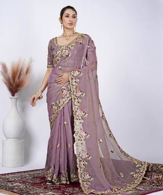 Trendy mauve resham zari embroidery with glass sequins shimmer saree with unstitched blouse 1