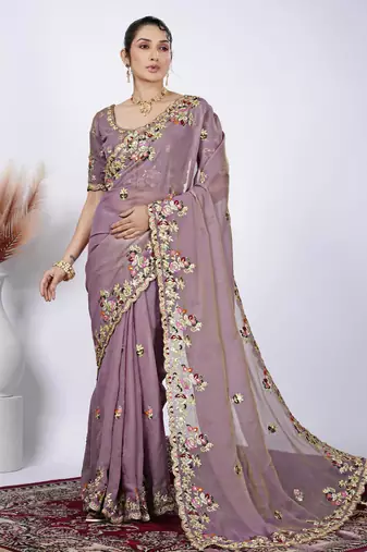 Trendy mauve resham zari embroidery with glass sequins shimmer saree with unstitched blouse