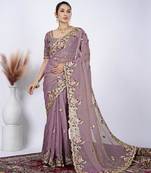 Trendy mauve resham zari embroidery with glass sequins shimmer saree with unstitched blouse