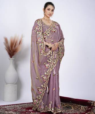 Trendy mauve resham zari embroidery with glass sequins shimmer saree with unstitched blouse 2