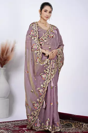 Trendy mauve resham zari embroidery with glass sequins shimmer saree with unstitched blouse