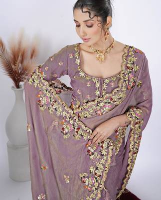 Trendy mauve resham zari embroidery with glass sequins shimmer saree with unstitched blouse 3