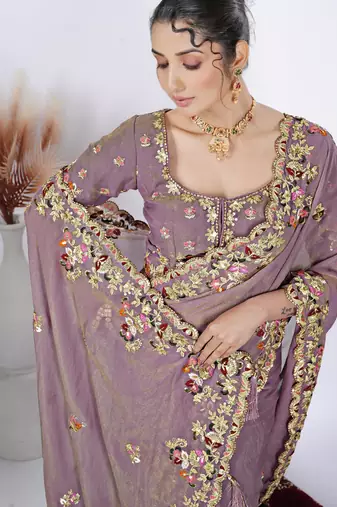 Trendy mauve resham zari embroidery with glass sequins shimmer saree with unstitched blouse