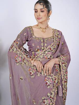Trendy mauve resham zari embroidery with glass sequins shimmer saree with unstitched blouse 4
