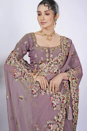 Trendy mauve resham zari embroidery with glass sequins shimmer saree with unstitched blouse