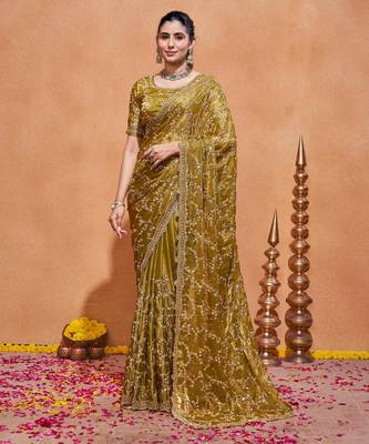Traditional mustard gold embroidery with zari sequins fandy satin saree with unstitched blouse 1