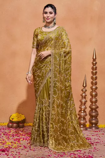 Traditional mustard gold embroidery with zari sequins fandy satin saree with unstitched blouse