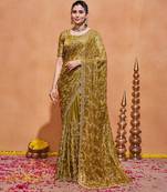 Traditional mustard gold embroidery with zari sequins fandy satin saree with unstitched blouse