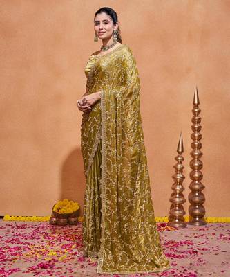 Traditional mustard gold embroidery with zari sequins fandy satin saree with unstitched blouse 2
