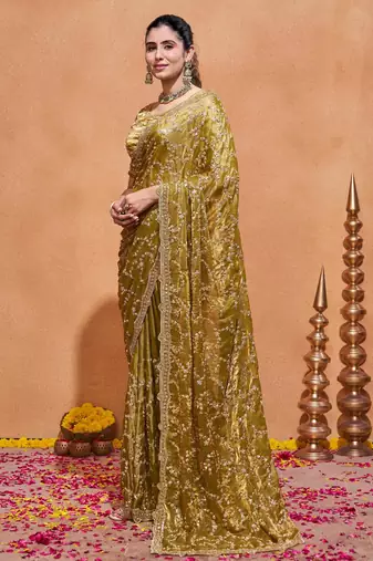 Traditional mustard gold embroidery with zari sequins fandy satin saree with unstitched blouse