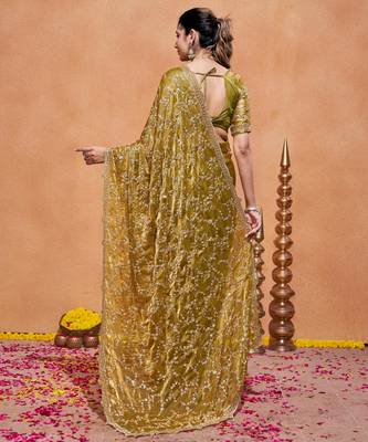Traditional mustard gold embroidery with zari sequins fandy satin saree with unstitched blouse 3