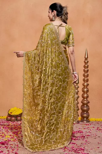 Traditional mustard gold embroidery with zari sequins fandy satin saree with unstitched blouse