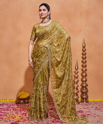 Traditional mustard gold embroidery with zari sequins fandy satin saree with unstitched blouse 4