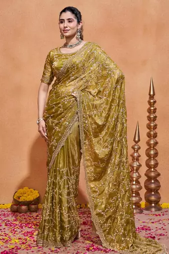 Traditional mustard gold embroidery with zari sequins fandy satin saree with unstitched blouse