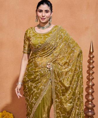Traditional mustard gold embroidery with zari sequins fandy satin saree with unstitched blouse 5
