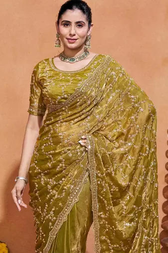 Traditional mustard gold embroidery with zari sequins fandy satin saree with unstitched blouse