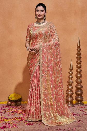 Indian rose embroidery with zari sequins fandy satin saree with unstitched blouse
