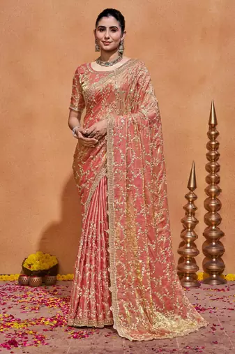 Indian rose embroidery with zari sequins fandy satin saree with unstitched blouse