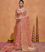 Indian rose embroidery with zari sequins fandy satin saree with unstitched blouse