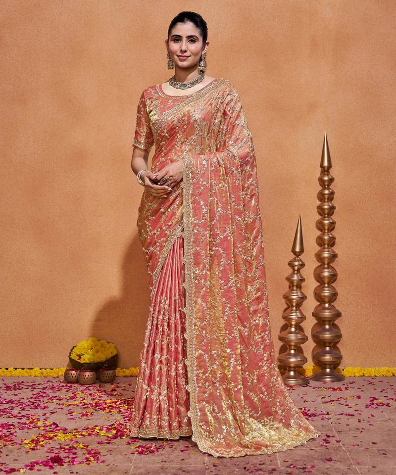 Indian rose embroidery with zari sequins fandy satin saree with unstitched blouse