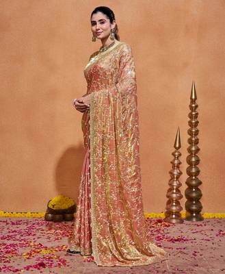 Indian rose embroidery with zari sequins fandy satin saree with unstitched blouse 2