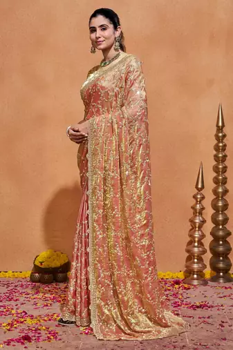 Indian rose embroidery with zari sequins fandy satin saree with unstitched blouse